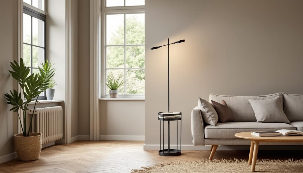 découvrez le lampadaire multifonction 3 en 1 de leroy merlin à 89,90 €, idéal pour optimiser votre salon avec son rangement intégré et sa table pratique. un meuble astucieux pour allier luminosité et organisation.